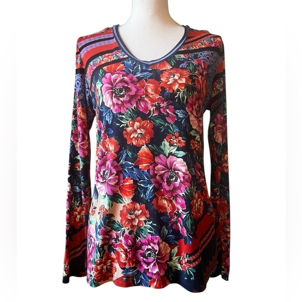 JOHNNY WAS WOMEN’S COLORFUL FLORAL LONG SLEEVE V-NECK T-SHIRT SIZE SMALL